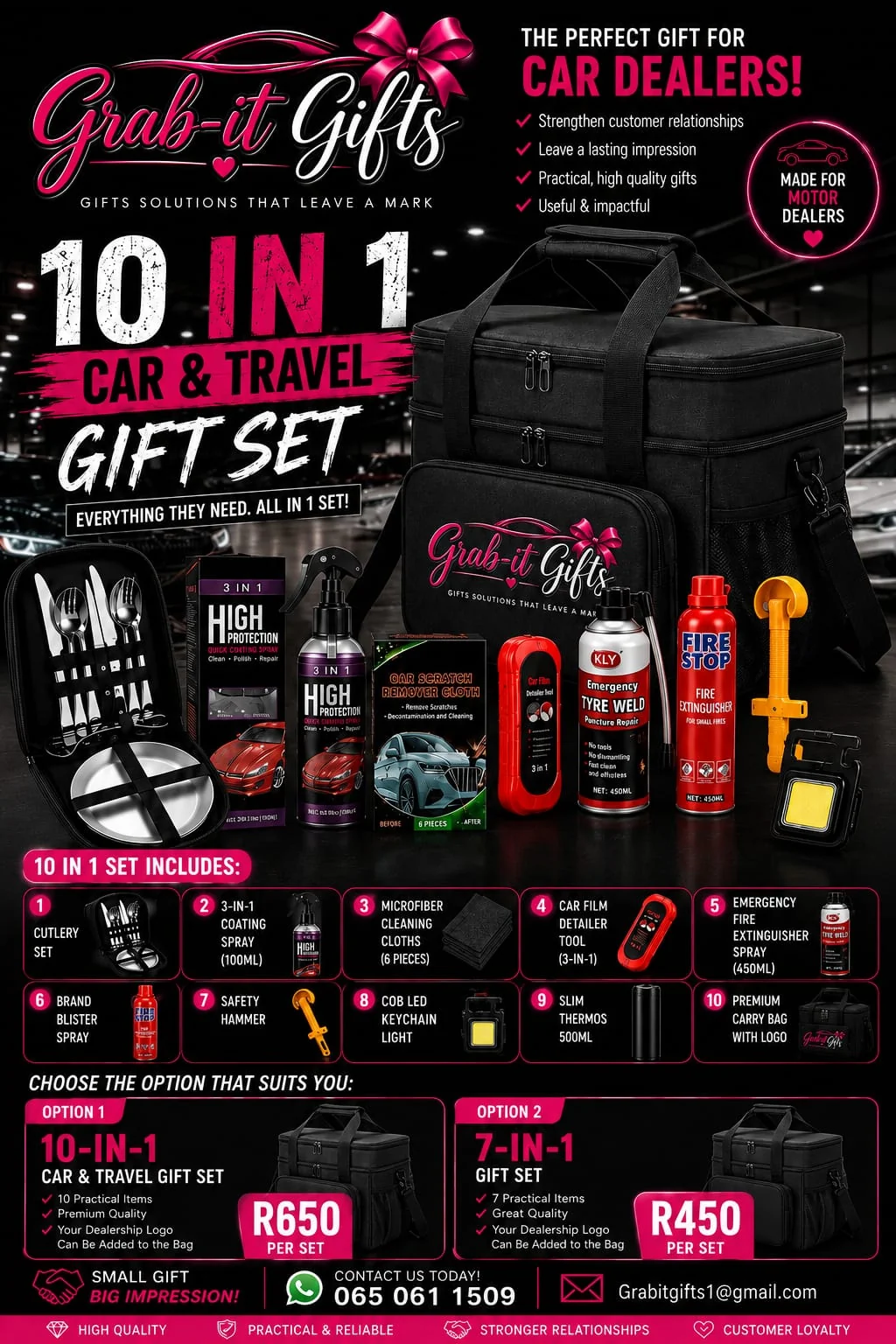 Car cleaning products kit including sprays, cloths and detailing supplies